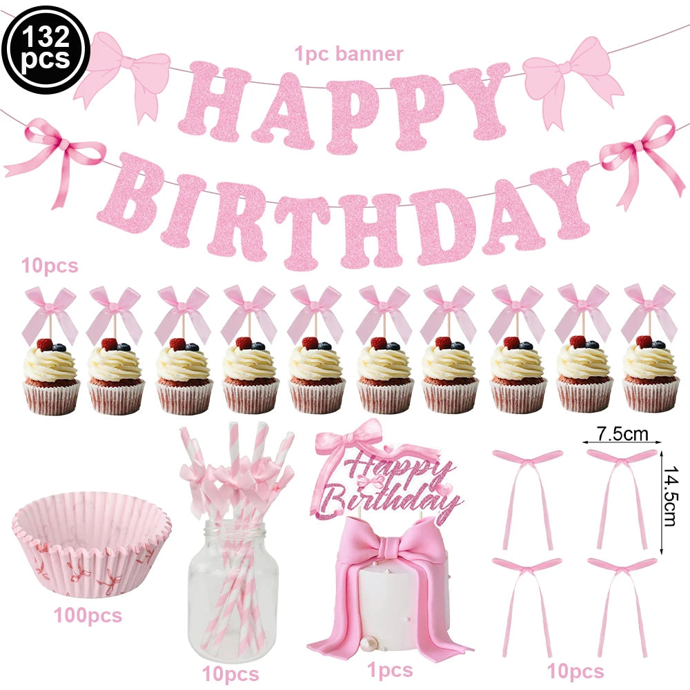 Kit de Fête d'Anniversaire Rose – Thème Princesse Bannière, Ballons Nœud, Pailles, Assiettes en Papier Jetables, Serviettes et Gobelets Vaisselle Décorations pour Fêtes d'Anniversaire de Filles