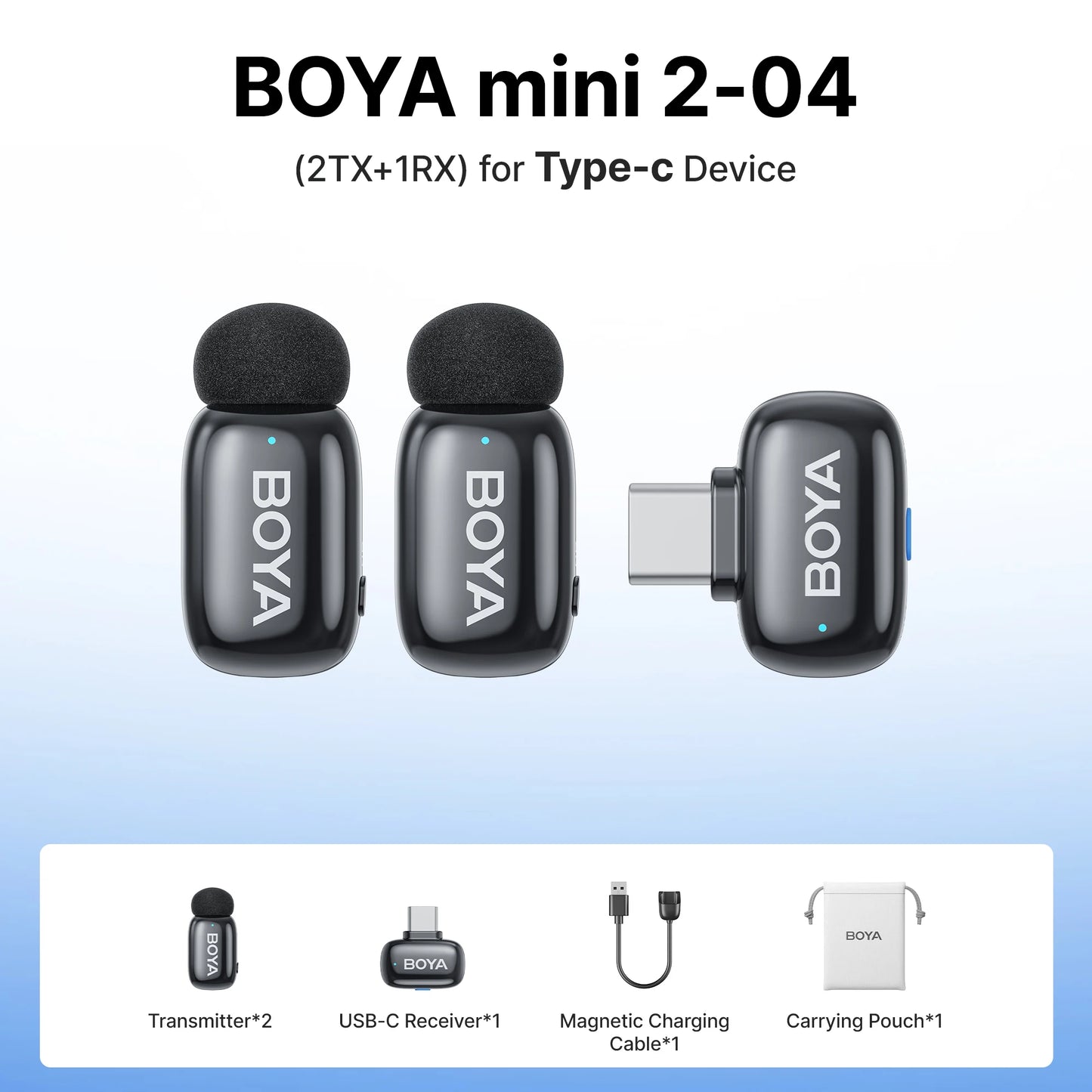 BOYA Mini 2 Wireless Lavalier Microphone – Mini Clip-On Mic with AI Noise Reduction for iPhone, Android & USB-C Video Recording