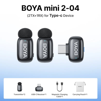 BOYA Mini 2 Wireless Lavalier Microphone – Mini Clip-On Mic with AI Noise Reduction for iPhone, Android & USB-C Video Recording