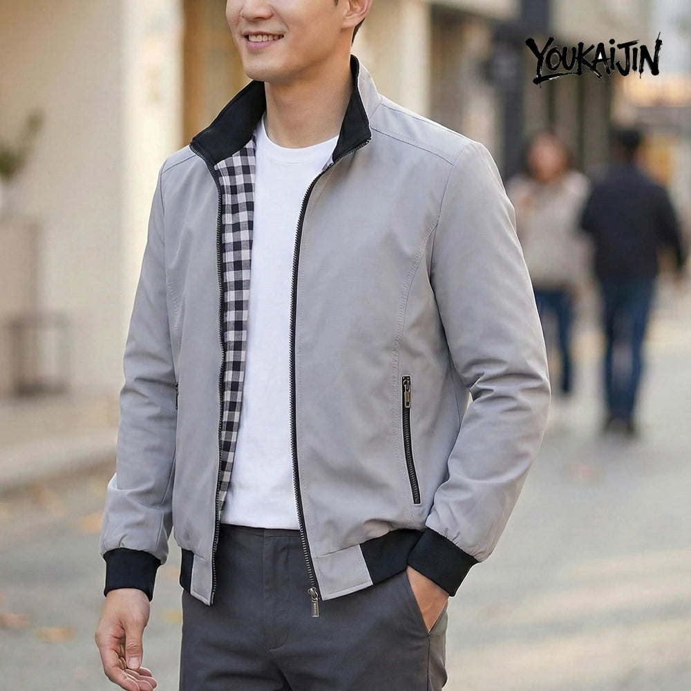 Men’s Korean-Style Slim-Fit Overcoat – Solid Color Stand Collar Jacket, Casual Spring & Autumn Outerwear, Sizes S–6XL