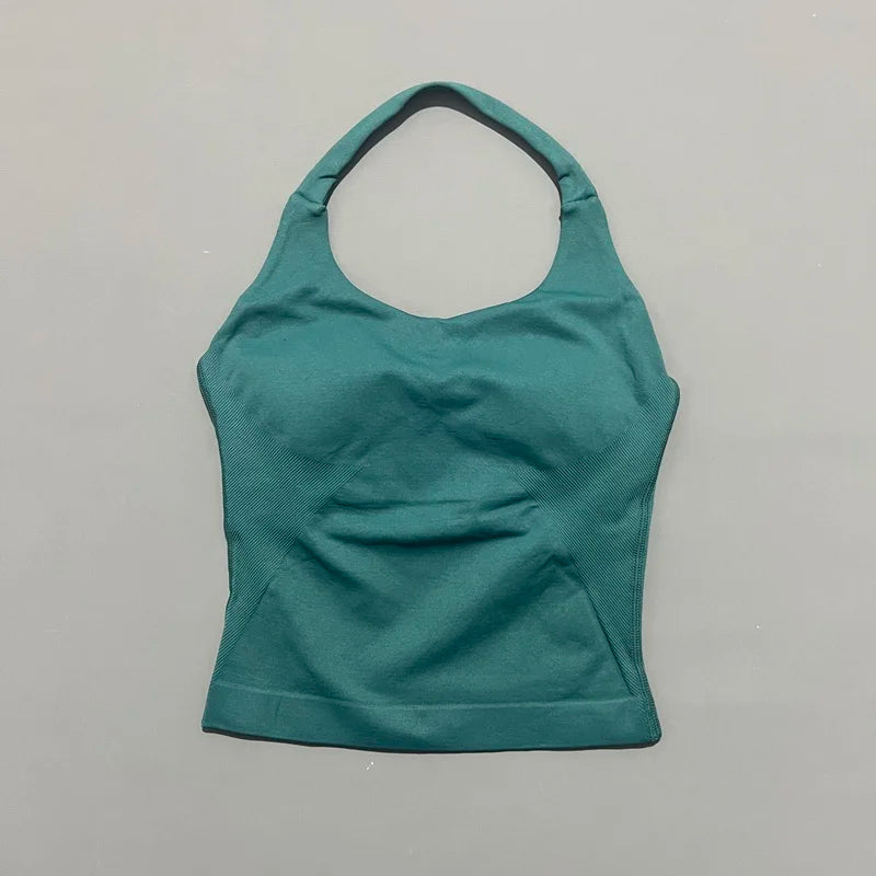 HISTELLO Women’s Seamless Longline Halter Sports Top – Built-in Bra with Removable Cups Yoga & Gym Tank Activewear