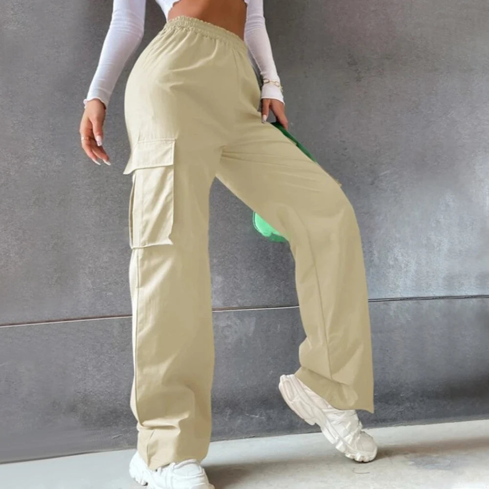 Women’s High Waist Wide Leg Workwear Pants Elastic Waist Loose Casual Solid Color Sports Pants