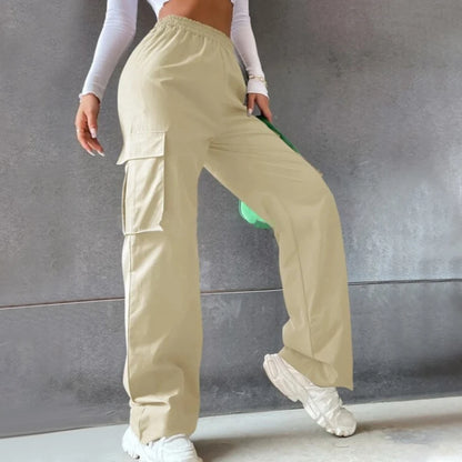 Women’s High Waist Wide Leg Workwear Pants Elastic Waist Loose Casual Solid Color Sports Pants