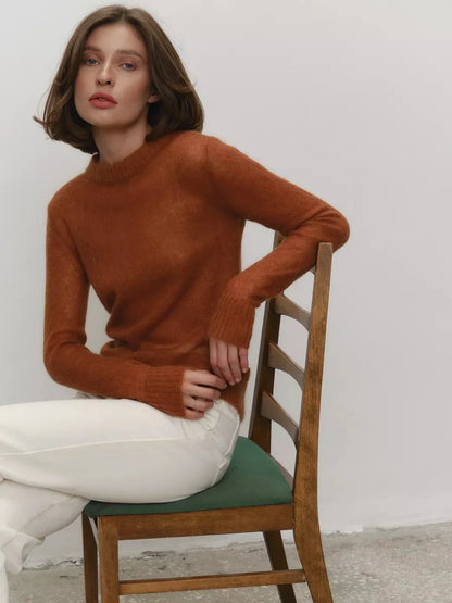 Women’s Classic Mohair Knitted Sweater Top Spring Summer Loose O-Neck Micro Sheer Cool Knit Shirt