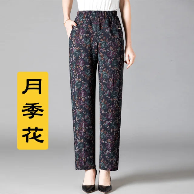 8XL Plus Size Women's Winter Pants – Printed Elastic High-Waist Velvet Trousers, Warm Straight-Leg Casual Oversized Fit