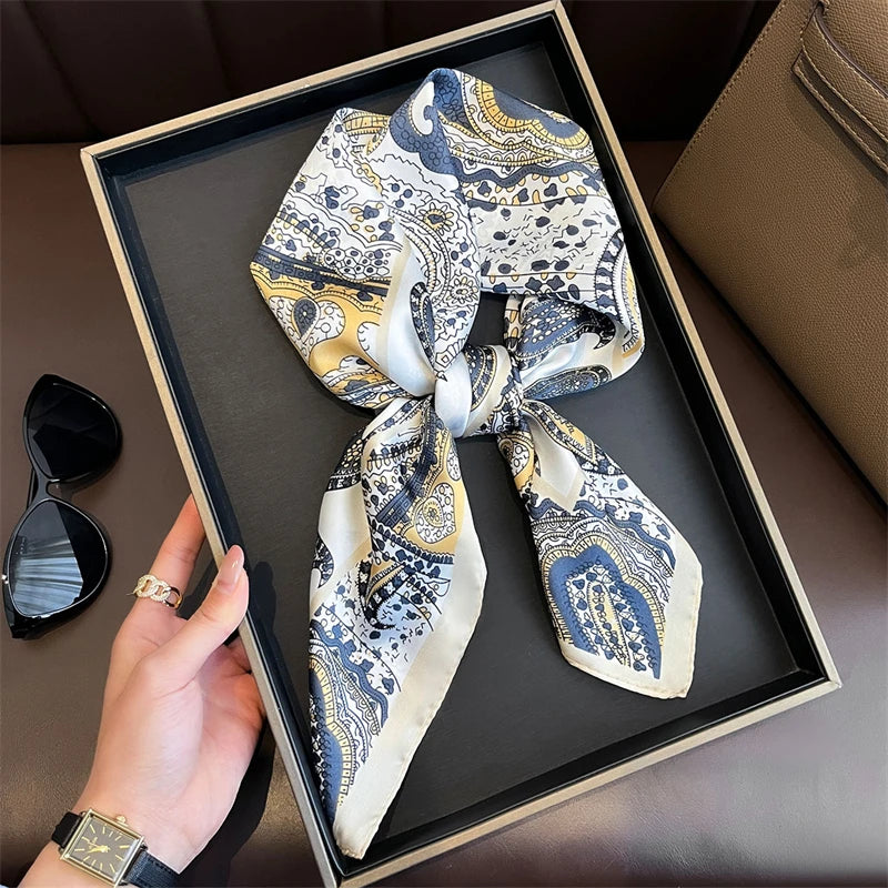 Bohemian Style Print Luxury Brand Silk Square Scarf Women Satin Shawls Neckerchief Wrap Scarves Bandana Hair Hjiab Floral