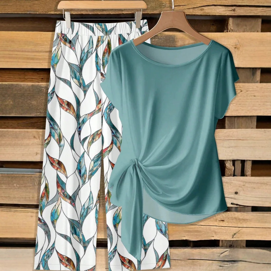 Women's 2-Piece Printed Knot Top & Wide-Leg Pants Set – Round-Neck Short-Sleeve Casual Outfit, Comfortable Polyester Loungewear for All Seasons