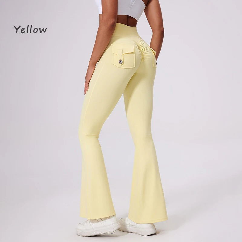 DIAS FIT JOY Pantalon de yoga évasé taille haute pour femme – Legging patte d'éléphant push-up avec poches, pantalon d'entraînement à séchage rapide pour la course, la gym, le fitness et l'exercice