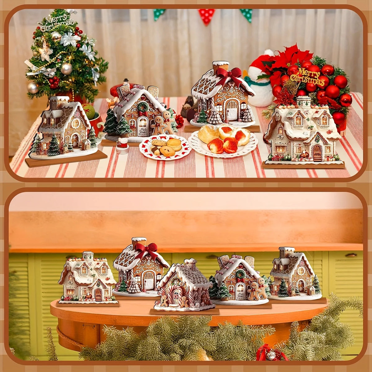 5PCS Wooden Gingerbread Christmas Decorations – Gingerbread House Ornaments & Winter Table Centerpiece Decor for Xmas Home & Parties