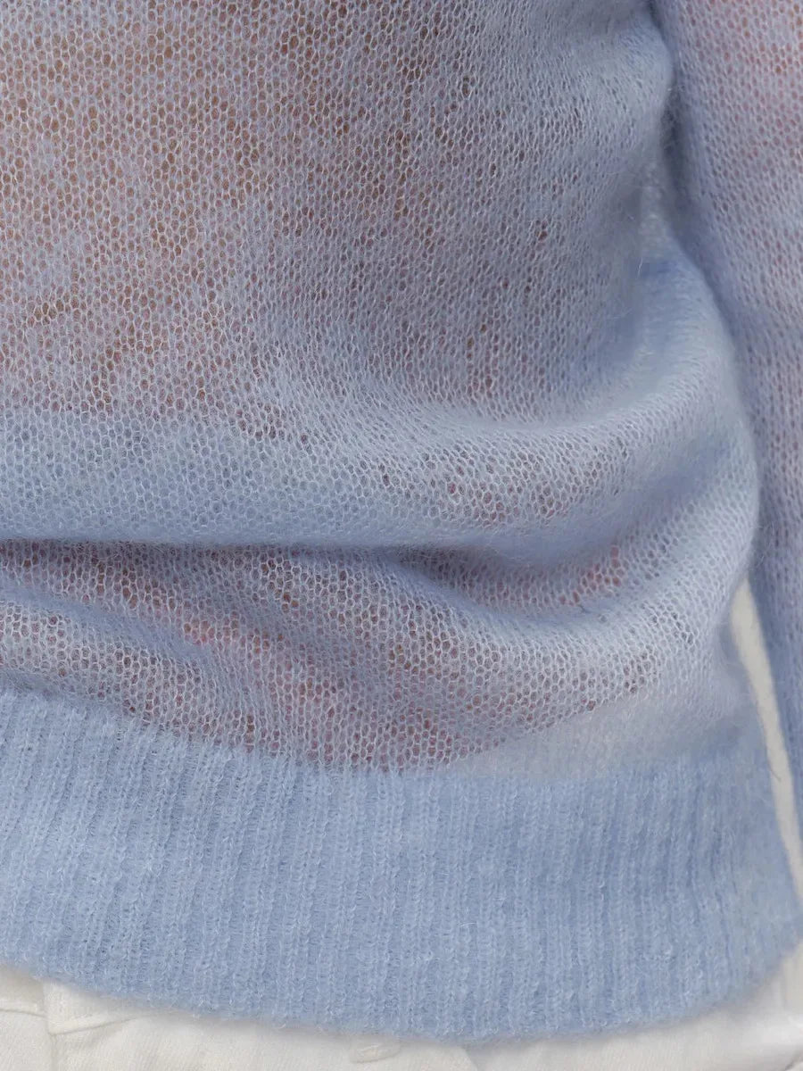 Women’s Classic Mohair Knitted Sweater Top Spring Summer Loose O-Neck Micro Sheer Cool Knit Shirt