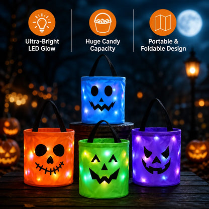 Halloween LED Pumpkin Candy Bucket, Luminous Handheld Fabric Trick or Treat Bag, Light Up Candy Basket for Kids, Halloween Party Decorations and Holiday Gifts