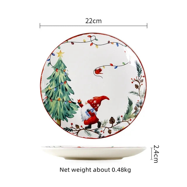 Christmas Ceramic Dinner Plate Set – Round Underglaze Flat Plates for Dim Sum, Sushi, Dining & Decorative Tableware