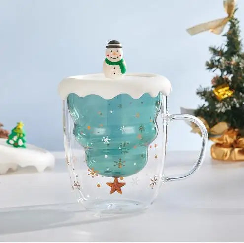 Christmas Tree Glass Cup – Transparent Double-Wall Heat-Resistant Couples Mug with Snowflake Design, Creative Coffee & Drinking Cup Gift