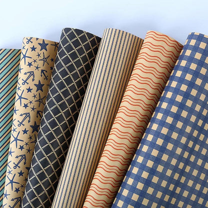 70×50CM Retro Blue Wave Gift Wrapping Paper – Grid & Sea Star Pattern Bouquet Packaging Paper for Men, Birthday Gifts & DIY Crafts