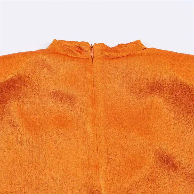 Women’s 2026 Spring Orange Sleeveless Satin Top Long Ribbon Elegant Stylish Fashion Blouse