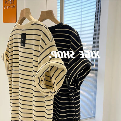 Women’s Korean Style Oversize Striped T-Shirt Loose Casual Short Sleeve Cotton Summer Commute Top