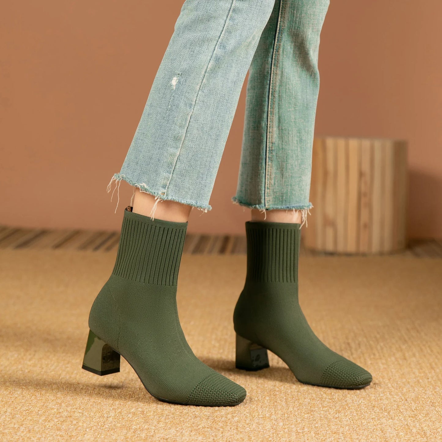 Women's Knitted Sock Boots – Pointed Toe High Heel Mid-Calf Boots, Stretch Fabric Slip-On Design for Spring & Autumn, Plus Size 43