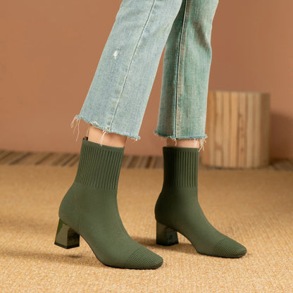 Women's Knitted Sock Boots – Pointed Toe High Heel Mid-Calf Boots, Stretch Fabric Slip-On Design for Spring & Autumn, Plus Size 43