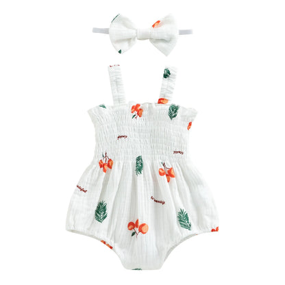 Pudcoco Conjunto de verano de 2 piezas para bebé niña, pelele estampado sin mangas con diadema, 0-18 meses