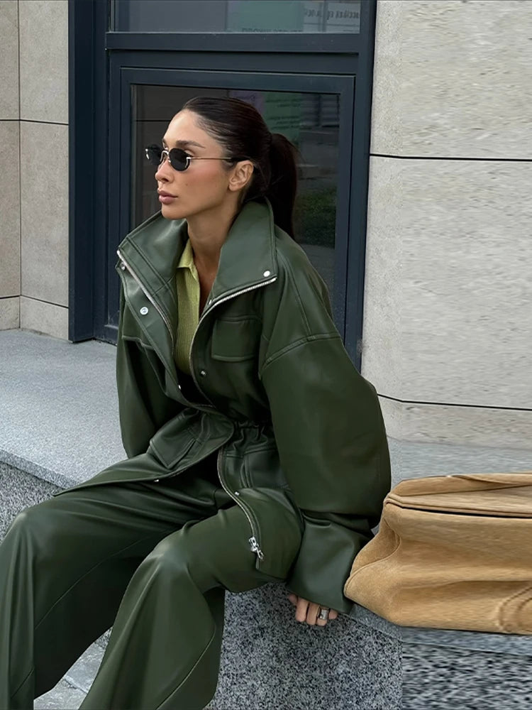 Women’s PU Leather Jacket – Long-Sleeve Stand Collar Zip-Up Coat, Casual Streetwear Outerwear for Autumn & Winter