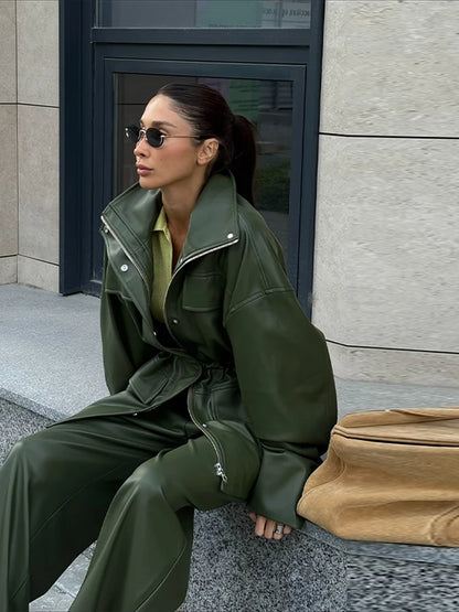 Women’s PU Leather Jacket – Long-Sleeve Stand Collar Zip-Up Coat, Casual Streetwear Outerwear for Autumn & Winter