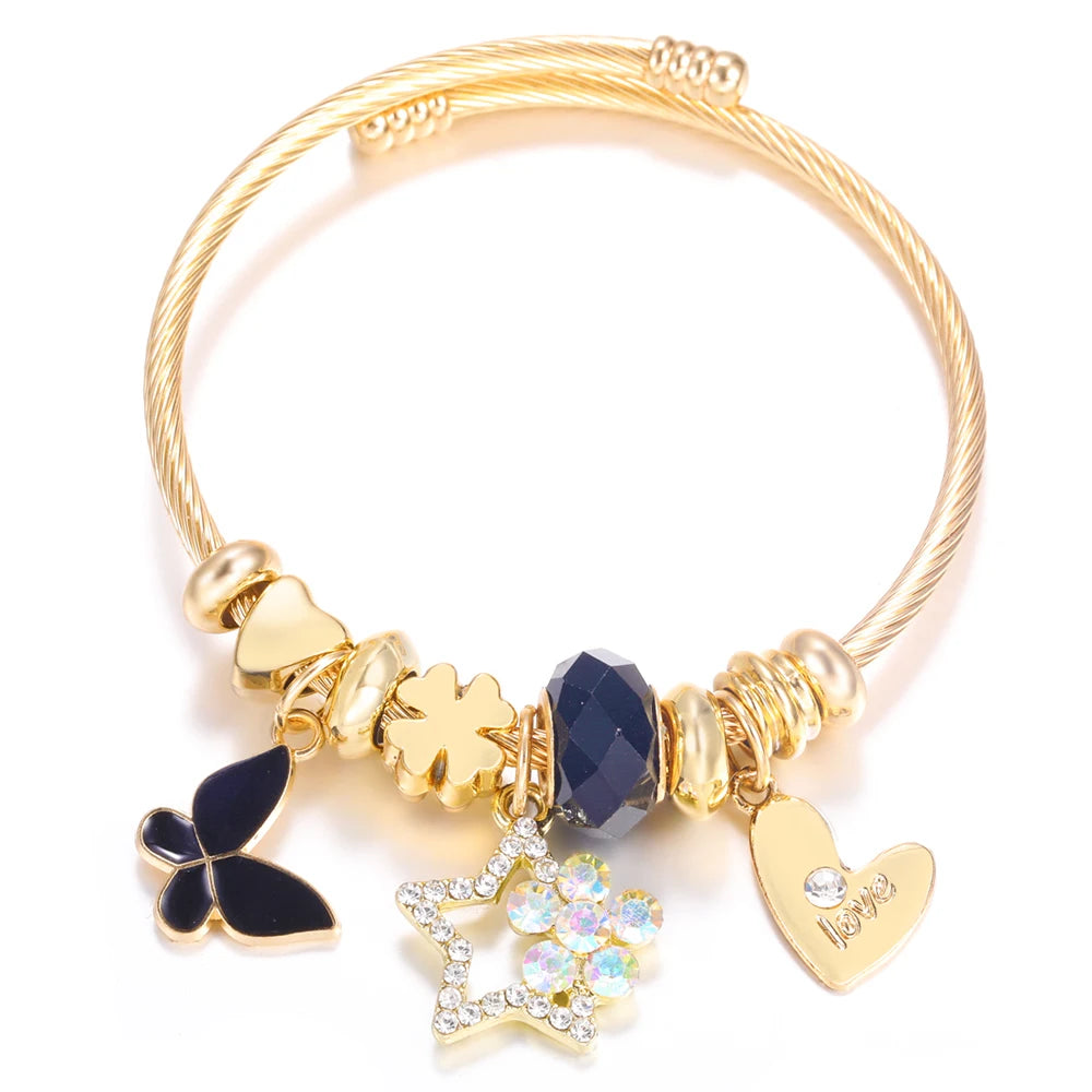 Pulsera con colgante de corazón y cuentas – Pulsera de abalorios de acero inoxidable de 4 colores para mujer | Regalo de joyería de moda dorada de tendencia