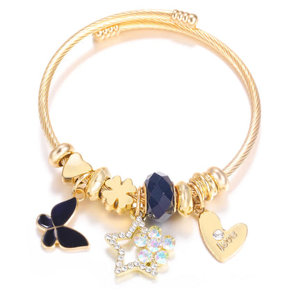 Pulsera con colgante de corazón y cuentas – Pulsera de abalorios de acero inoxidable de 4 colores para mujer | Regalo de joyería de moda dorada de tendencia