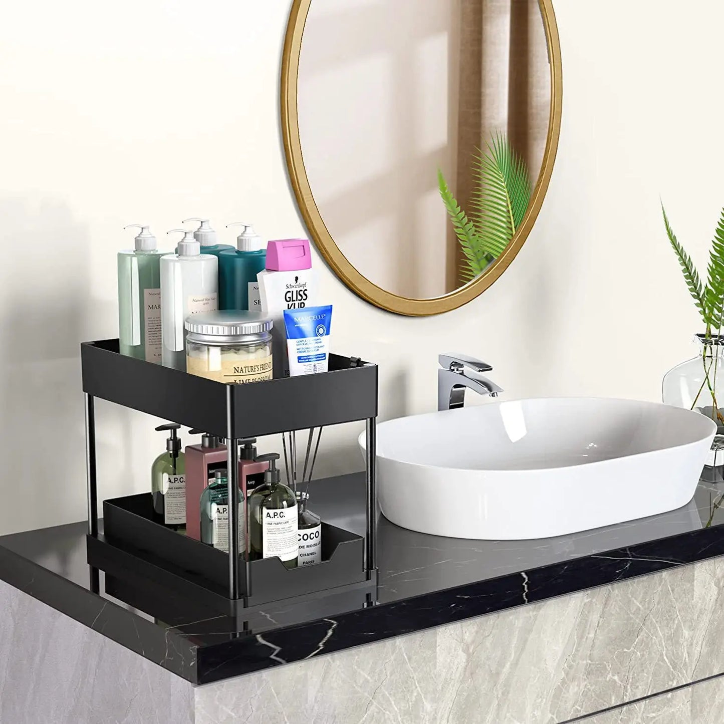 2-Tier Kitchen Sink Organizer – Sliding Cabinet Basket with Hooks & Cups for Space-Saving Storage