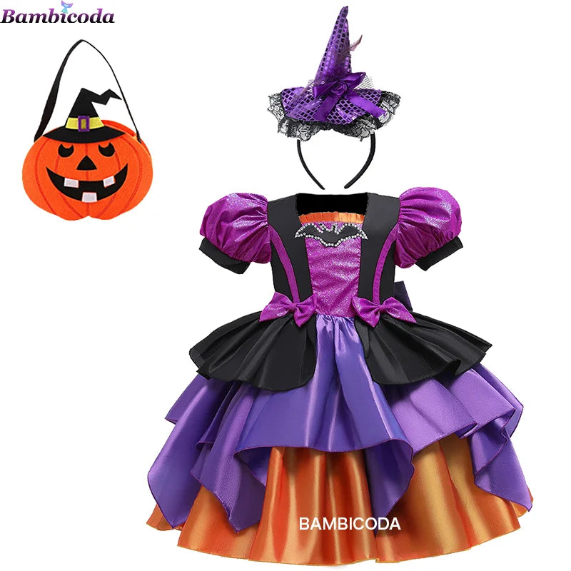 Girls Pumpkin Halloween Costume Dress – Fancy Bat Print Witch Princess Ball Gown for Cosplay, Festival & Party