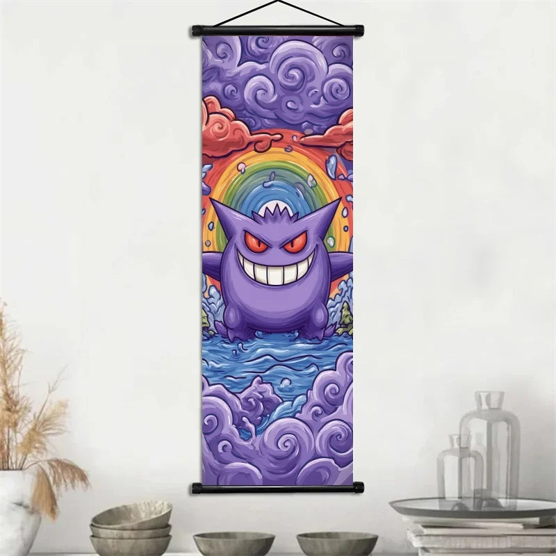 Pokémon Gengar, Squirtle y Mimikyu Noche Estrellada – Lienzo Decorativo Enrollable para Pared – Regalo para Decoración del Hogar