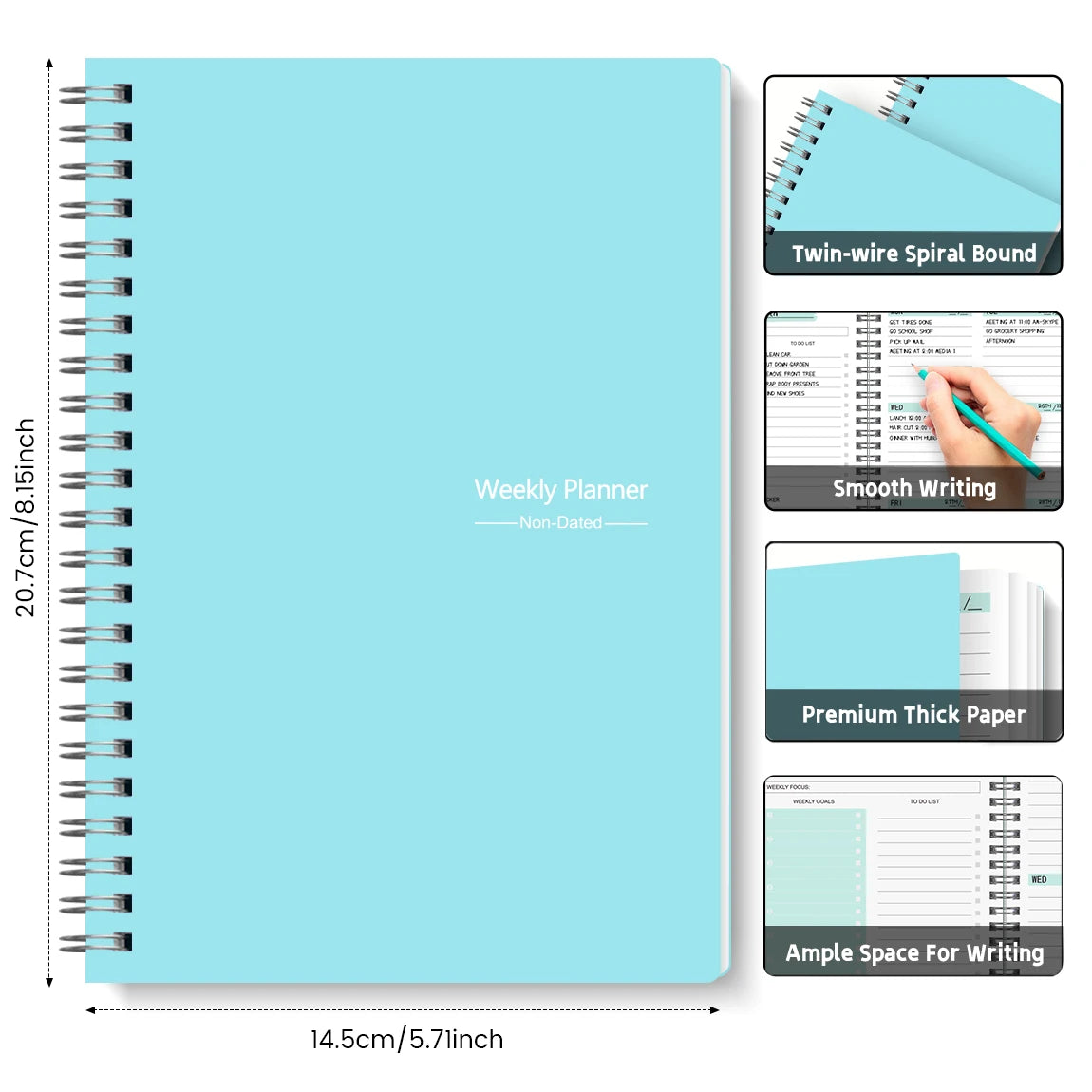 A5 Undated Weekly Planner Notebook – Spiral Agenda for Daily Planning, School & Office