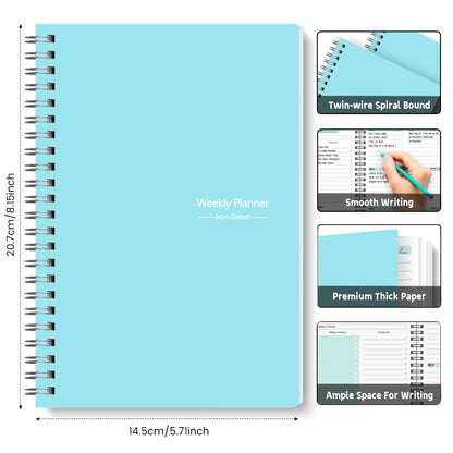 A5 Undated Weekly Planner Notebook – Spiral Agenda for Daily Planning, School & Office