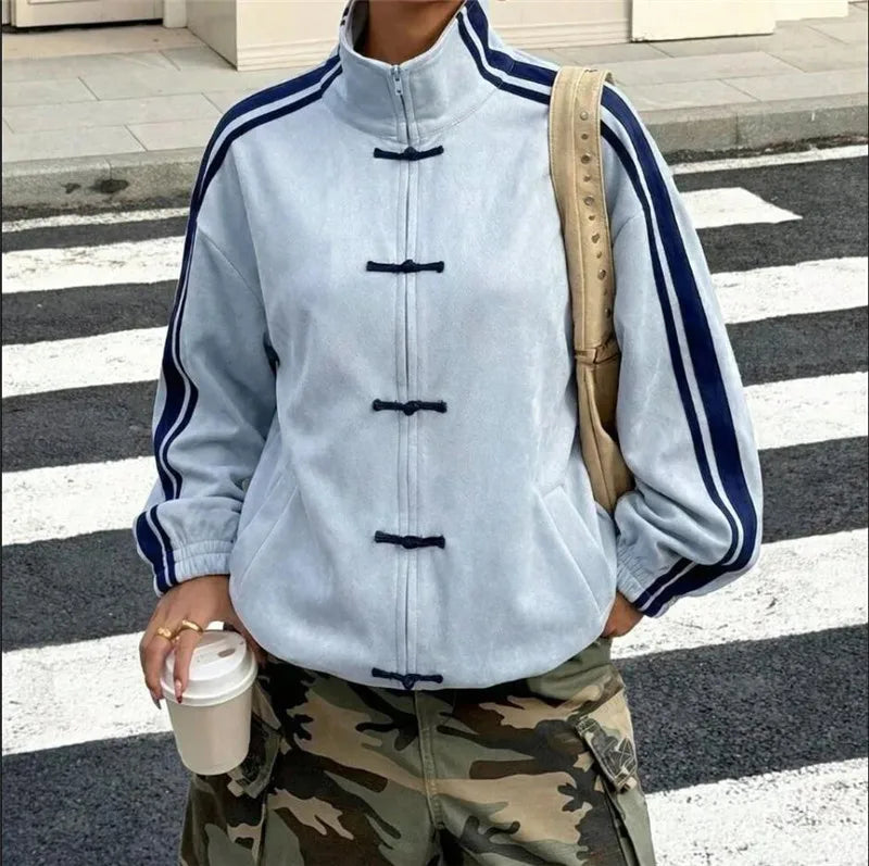 Women’s Chinese Frog-Button Jacket – Retro Oversized Stand Collar Track Coat with Striped Sleeves, Zip-Up Closure & Casual Streetwear Style