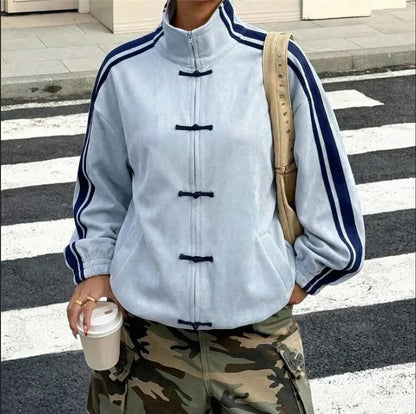 Women’s Chinese Frog-Button Jacket – Retro Oversized Stand Collar Track Coat with Striped Sleeves, Zip-Up Closure & Casual Streetwear Style