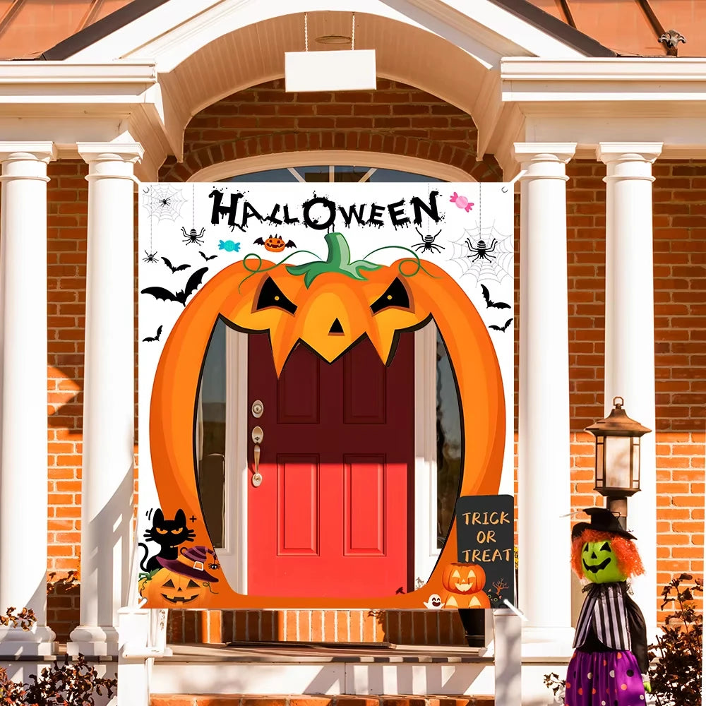 Halloween Pumpkin Door Banner Decoration, Scary Pumpkin Party Backdrop, Creepy Photo Booth Props, Large Horror Photography Background for Halloween Party Supplies