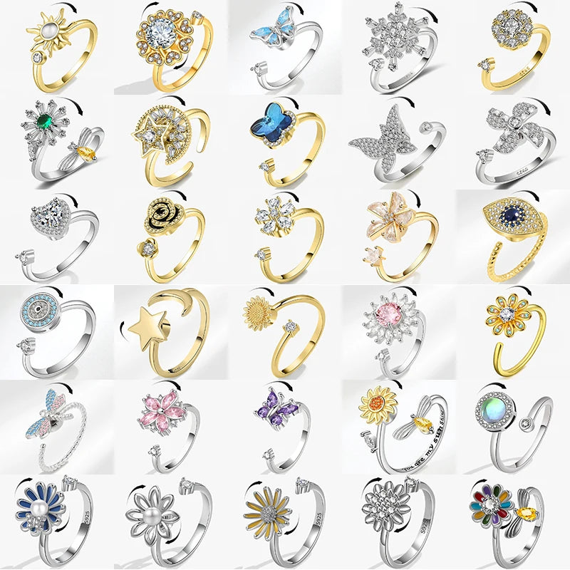 Anillo giratorio antiestrés de mariposa y flor con diamantes de imitación – Anillo giratorio antiansiedad para mujer | Joyería ajustable para aliviar el estrés