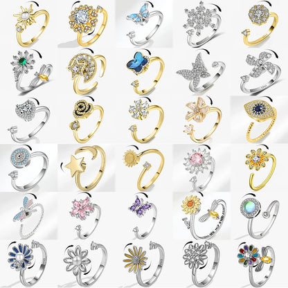 Anillo giratorio antiestrés de mariposa y flor con diamantes de imitación – Anillo giratorio antiansiedad para mujer | Joyería ajustable para aliviar el estrés