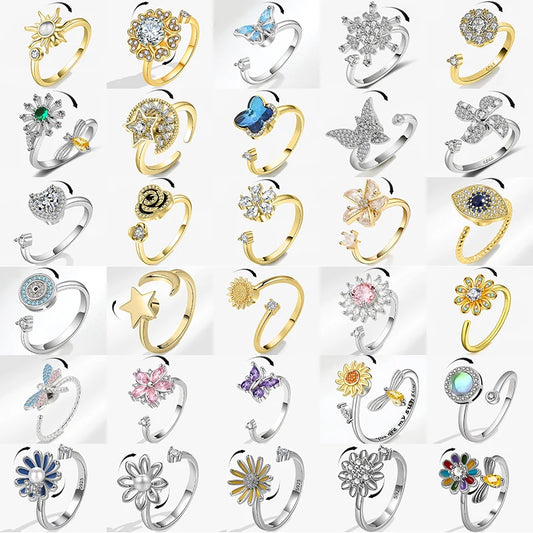 Anillo giratorio antiestrés de mariposa y flor con diamantes de imitación – Anillo giratorio antiansiedad para mujer | Joyería ajustable para aliviar el estrés