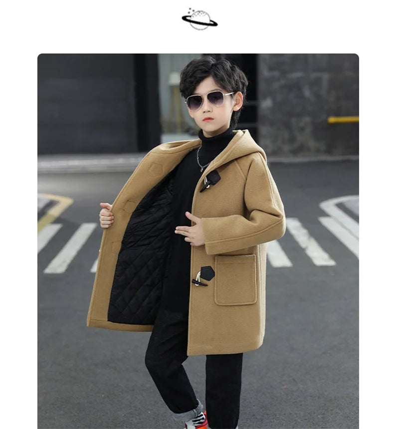 Boys Winter Wool Coat with Hood, Warm Cotton-Padded Single-Breasted Jacket, Solid Color Children’s Fashion Parka and Cold Weather Outerwear