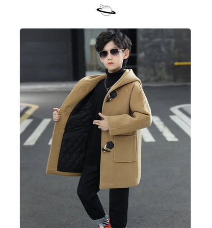Boys Winter Wool Coat with Hood, Warm Cotton-Padded Single-Breasted Jacket, Solid Color Children’s Fashion Parka and Cold Weather Outerwear
