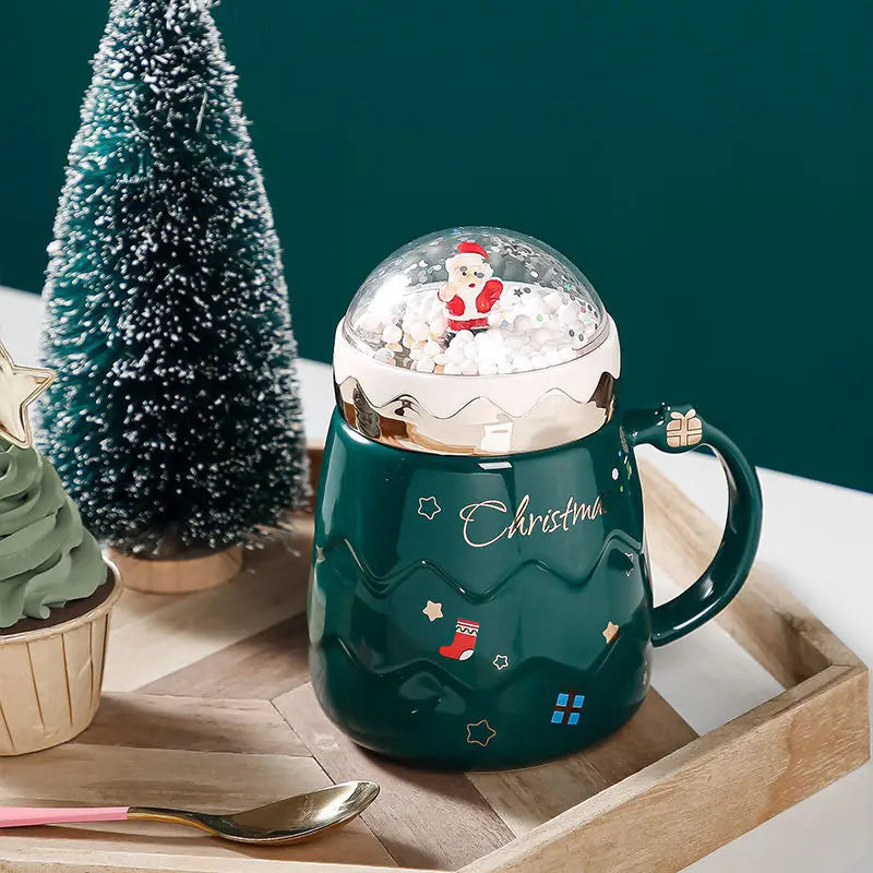 Christmas Couple Ceramic Mug – Creative Santa Claus Figurine Coffee Cup with Lid, Festive Xmas Gift for Home & Office
