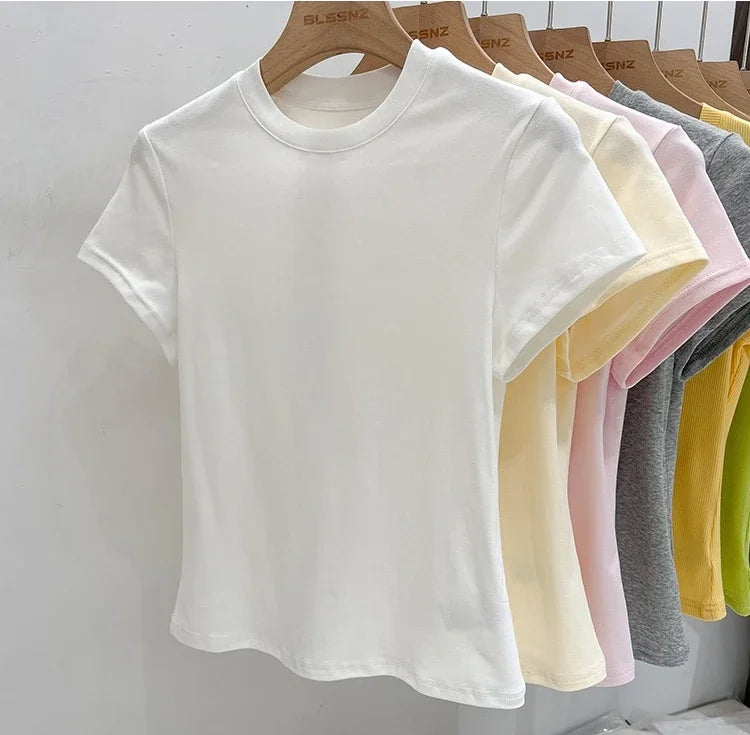 Zjaiss 2026 T-shirt col rond mode été sexy basique uni à manches courtes pour femme style coréen décontracté streetwear