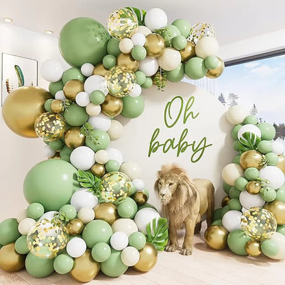Sage Green Balloon Arch Garland Kit – Green, White, Sand & Gold Confetti Latex Balloons for Birthday, Wedding & Graduation Decorations