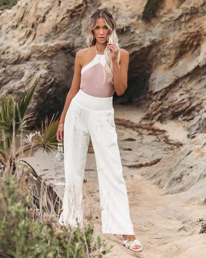 Pantalon ample décontracté pour femme, taille mi-haute avec cordon de serrage, style européen et américain, idéal pour la plage au printemps et en été