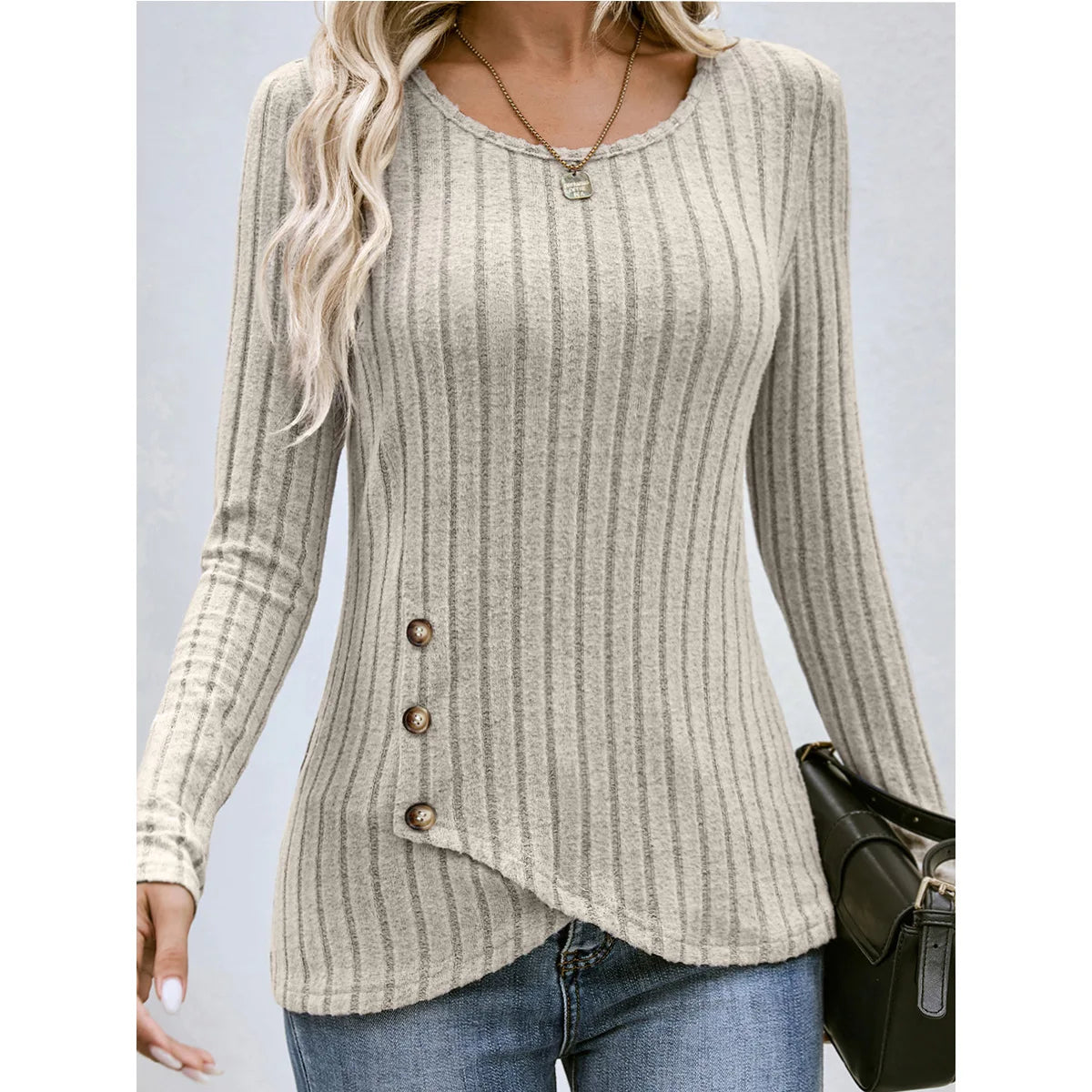 Women's Western Long Sleeve Top – Round Neck Fitted Waist-Cinched T-Shirt for Autumn Casual European & American Fashion