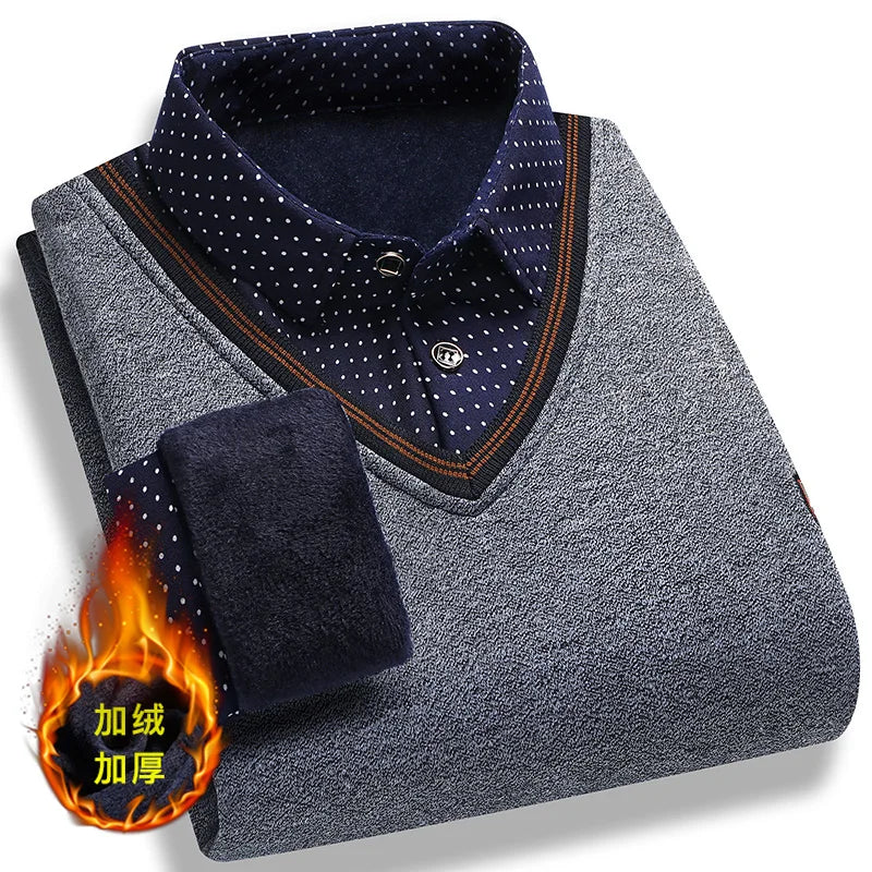 Men’s Fleece Polo Sweater – Long Sleeve Collared Pullover, Warm Knitted Top for Vintage Smart Casual Autumn & Winter Wear