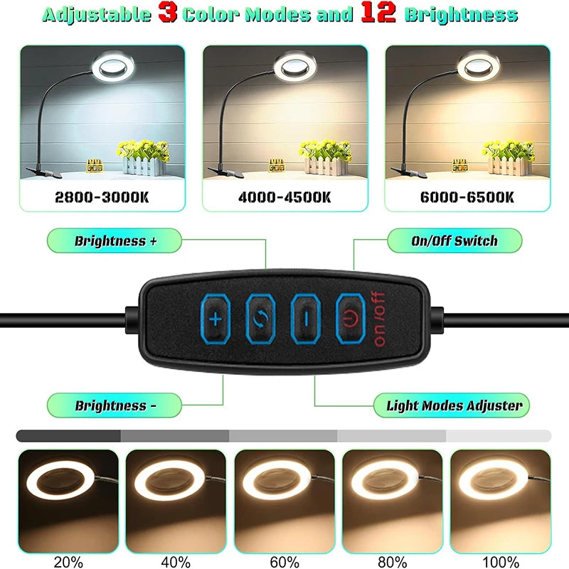 10X LED Magnifying Desk Lamp – 3 Color Light Modes Clamp Magnifier with Flexible Gooseneck for Reading & Nail Art