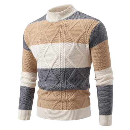 Men’s Patchwork Knitted Sweater – Mock Neck Long Sleeve Pullover for Autumn & Winter, Youthful Casual Fashion Knitwear