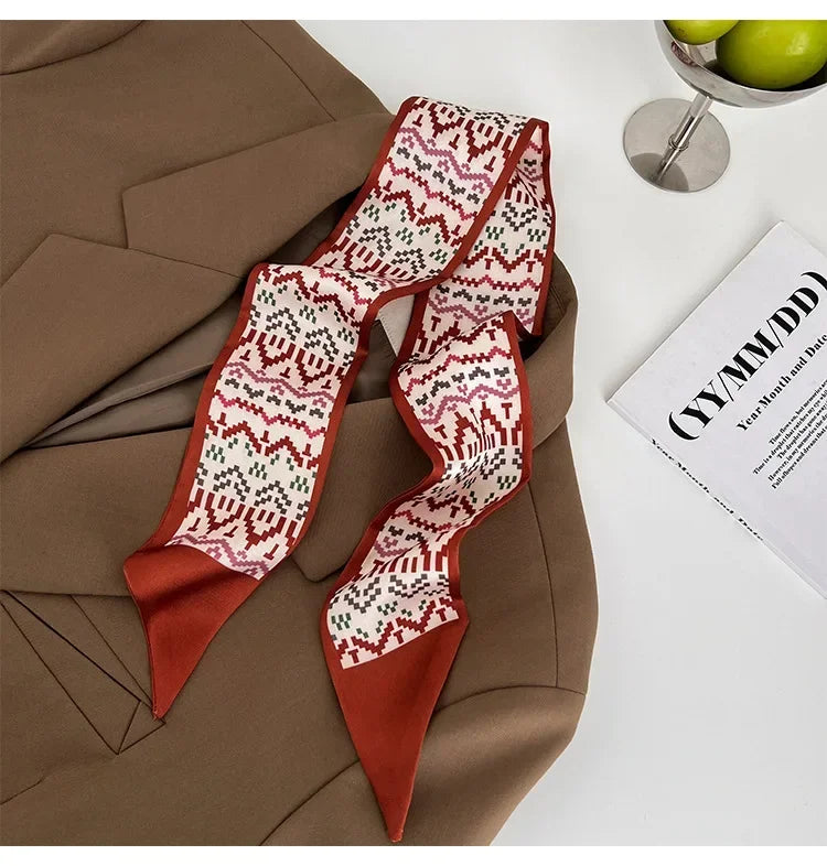 Khaki Nude Silk Scarf Hair Band – Vintage Satin Ribbon Bow Hair Accessory for Women | Elegant Fashion Hair Tie
