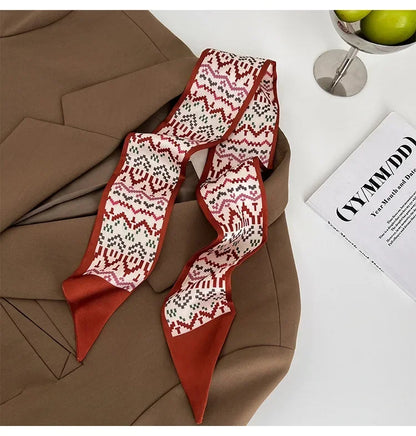 Khaki Nude Silk Scarf Hair Band – Vintage Satin Ribbon Bow Hair Accessory for Women | Elegant Fashion Hair Tie